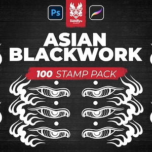 以下が含まれることがあります： 「ASIAN BLACKWORK」と「100 STAMP PACK」のテキストが入った白黒のグラフィックデザイン。PhotoshopとProcreateのアイコンとともに、様式化された目と炎のモチーフが含まれています。背景はテクスチャ加工された黒色です。