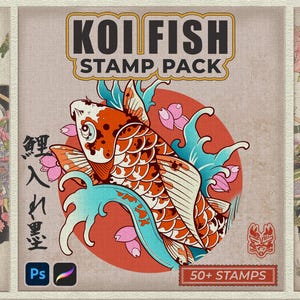 Japansk Koifisktatuering Procreate-stämplar - Irezumi Carp-penselset, stenciler och Photoshop-penslar för tatuerare | Line Art Digital