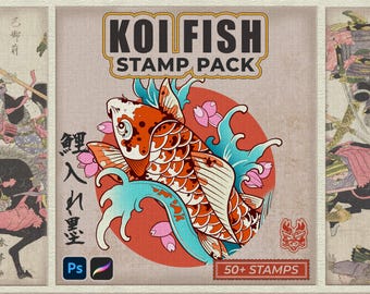 May include: A digital stamp pack titled "Koi Fish Stamp Pack" featuring a stylized orange and white koi fish with blue accents, set against a red circle. The design includes cherry blossoms and Japanese text. The pack includes 50+ stamps.