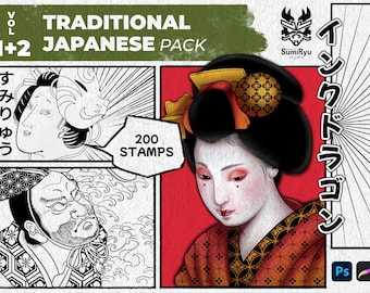 May include: A digital art pack featuring 200 traditional Japanese stamps. The pack includes black and white illustrations of a woman with a traditional hairstyle, a man with a beard, and a wave pattern. The pack also includes a colourful illustration of a woman with a red and gold kimono. The text "Ink Dragon" and "SumiRyu Studio" are visible in the image.