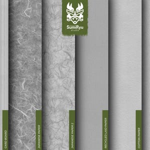 May include: Six different paper textures, including cardboard, Japanese paper, recycled laid paper, cotton paper, and rough paper. The paper samples are arranged in a row, with the names of each type of paper printed below them.