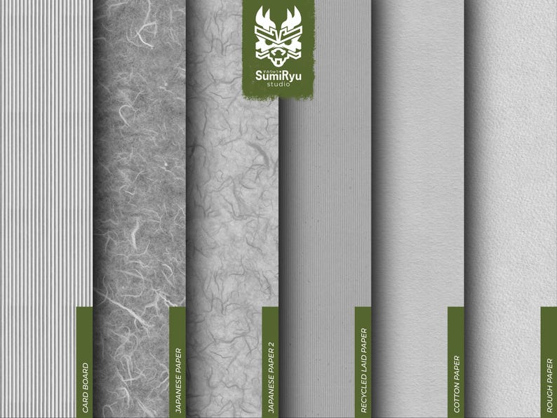 May include: Six different paper textures, including cardboard, Japanese paper, recycled laid paper, cotton paper, and rough paper. The paper samples are arranged in a row, with the names of each type of paper printed below them.