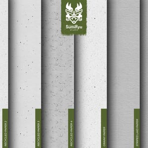 May include: Six different paper textures, including recycled paper, grainy paper, striped laid paper, and charcoal paper. The paper textures are shown in a vertical format, with the name of each paper texture labelled below each sample.