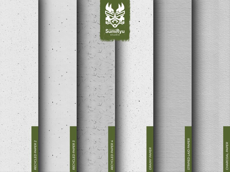 May include: Six different paper textures, including recycled paper, grainy paper, striped laid paper, and charcoal paper. The paper textures are shown in a vertical format, with the name of each paper texture labelled below each sample.