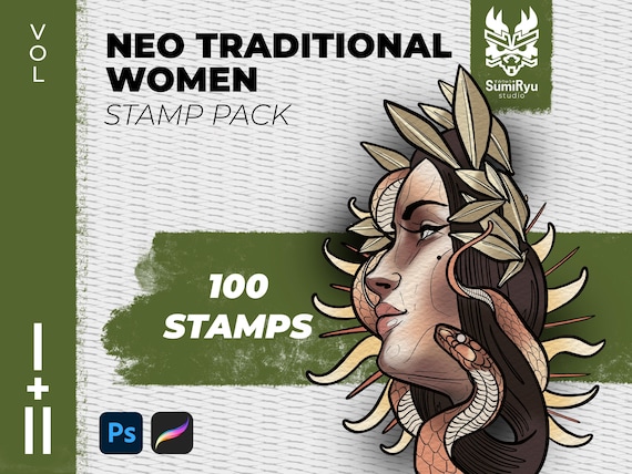 Neo Traditional Women Stamps: Tattoo Art, Procreate & Photoshop (Bundle 1+2)