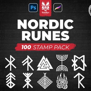 Könnte beinhalten: Schwarzer Hintergrund mit weißen nordischen Runen und dem Text "NORDIC RUNES 100 STAMP PACK" in großen weißen Buchstaben. Das Bild enthält auch Symbole für Adobe Photoshop und Procreate.