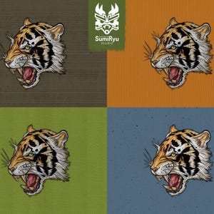 May include: Four digital illustrations of a snarling tiger head, each on a different coloured background: brown, orange, green, and blue.