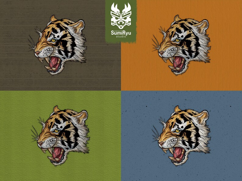 May include: Four digital illustrations of a snarling tiger head, each on a different coloured background: brown, orange, green, and blue.