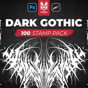 Peut inclure: Éléments graphiques Dark Gothic 100 Stamp Pack. L'image présente des motifs tribaux blancs sur fond noir. Le texte "DARK GOTHIC" est en grandes lettres blanches, avec "100 STAMP PACK" dans une bannière rouge.