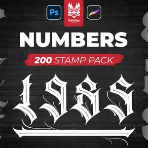 May include: Digital art pack featuring stylized numbers in a gothic font. The image includes the word "NUMBERS" in large white letters, with "200 STAMP PACK" in red. The background is a dark, textured surface.