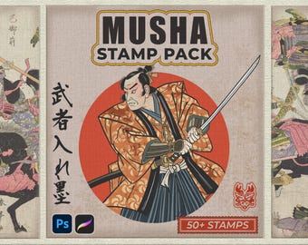 Japanese Warrior Tattoo Procreate Stamps – Musha, Samurai Irezumi Brush Set, Stencils & Photoshop, Brushes for Tattoo Artists