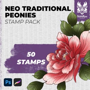Neo Traditional Peonies Stamps Procreate & Photoshop | Tattoo | Stamps | Stencils | Brushes | Instant Download | High Resolution