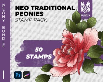 Neo Traditional Peonies Stamps Procreate & Photoshop | Tattoo | Stamps | Stencils | Brushes | Instant Download | High Resolution