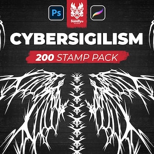 May include: A digital illustration of a set of 200 cyber sigil stamps. The image features a black background with white, intricate, geometric designs. The text "CYBERSIGILISM 200 STAMP PACK" is displayed in red and white.