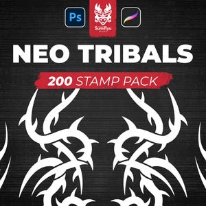 Pode incluir: Um download digital de 200 pincéis de carimbo tribal para usar no Adobe Photoshop. A imagem mostra um fundo preto com desenhos tribais brancos. O texto "NEO TRIBALS 200 STAMP PACK" está em vermelho.
