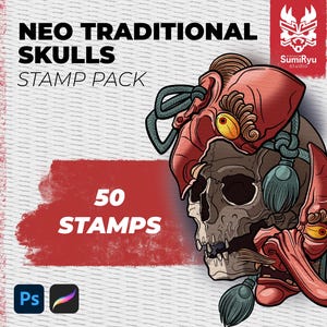 May include: A digital stamp pack featuring 50 neo-traditional skull designs. The image shows a red and black skull with a traditional Japanese mask design. The text "NEO TRADITIONAL SKULLS STAMP PACK" is displayed in white letters on a red background. The text "50 STAMPS" is displayed in white letters on a red background. The text "VOL" is displayed in white letters on a black background. The text "SumiRyu Studio" is displayed in white letters on a black background.