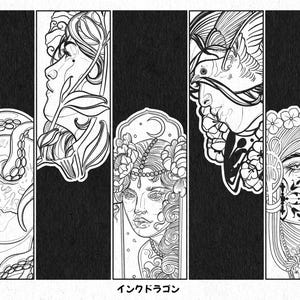 May include: Black and white line art illustrations of four different women's faces. Each face is surrounded by intricate floral and geometric designs. The text "インクドラゴン" is at the bottom of the image.