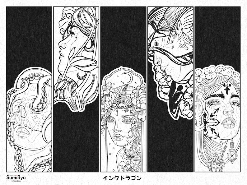 May include: Black and white line art illustrations of four different women's faces. Each face is surrounded by intricate floral and geometric designs. The text "インクドラゴン" is at the bottom of the image.