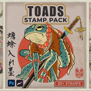 Peut inclure: Un pack de tampons numériques illustrant un crapaud bleu tacheté portant une robe marron et un collier de perles rouges, avec un katana. Le texte indique TOADS STAMP PACK et 50+ STAMPS, sur un cercle rouge et un fond texturé avec des caractères japonais.