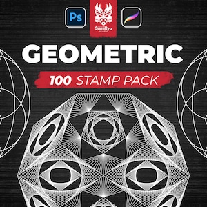 Peut inclure: Fond noir avec des motifs géométriques blancs et le texte "GEOMETRIC 100 STAMP PACK" en blanc. L'image comprend des icônes pour Adobe Photoshop et Procreate.