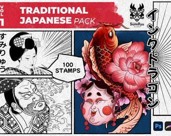 May include: A digital illustration pack featuring 100 traditional Japanese stamps. The pack includes images of a koi fish, a flower, a woman with a traditional hairstyle, and a man with a beard. The text "TRADITIONAL JAPANESE PACK" is displayed at the top of the image. The text "100 STAMPS" is displayed in a white box in the centre of the image.