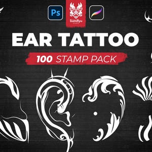 May include: Black background with white ear tattoo designs. The text "EAR TATTOO" is displayed in large white letters, with "100 STAMP PACK" in a red banner. The image includes Adobe Photoshop and Procreate logos.