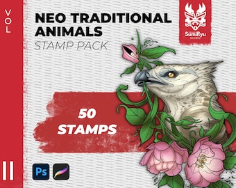 May include: A digital stamp pack featuring 50 neo-traditional animal illustrations. The image shows a white bird with a green vine and pink flowers. The text "NEO TRADITIONAL ANIMALS STAMP PACK" and "50 STAMPS" is visible.