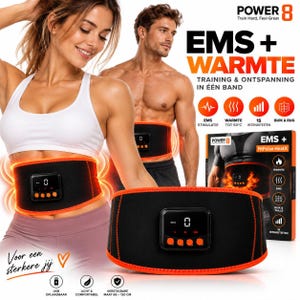 Pode incluir: Um cinto de treino muscular abdominal preto com acabamento laranja, apresentando um ecrã digital central com quatro botões de controlo laranja. O dispositivo inclui estimulação EMS, calor até 50 graus Celsius e 15 níveis de intensidade.