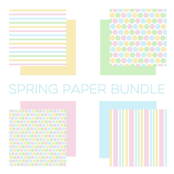 Digital Spring Paper Bundle Printable Spring Paper Pink Striped Paper Blue Dot Paper Solid Color Paper Digital Download Printable Paper Pack