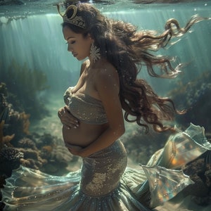 Una sirena embarazada bajo el agua. Esta imagen transmite una sensación de belleza, misterio y magia, ¡perfecta para captar la atención de cualquier persona que la vea!
