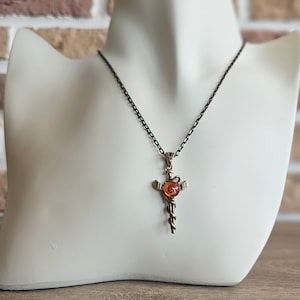Orange Accented Winged Caduceus Necklace - Antique Brass Steampunk Inspired Necklace - Winged Staff Healer Necklace