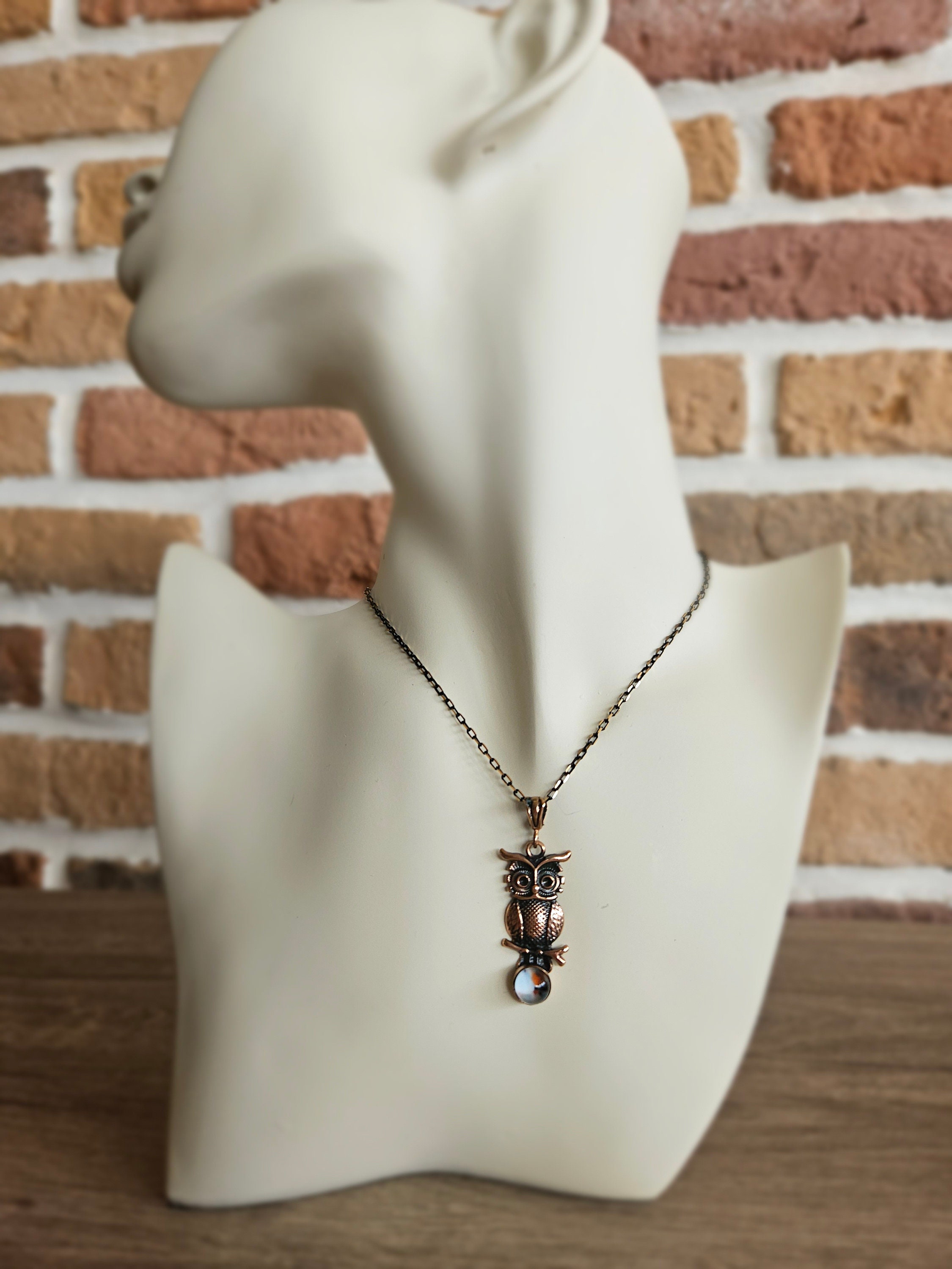 Bronze Owl Pendant Necklace: Murano Glass Amulet