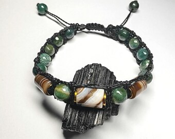 Men&#39;s Agate and Hematite Bracelet for Balance and Strength, Tibetan and Indian Agate, Handmade