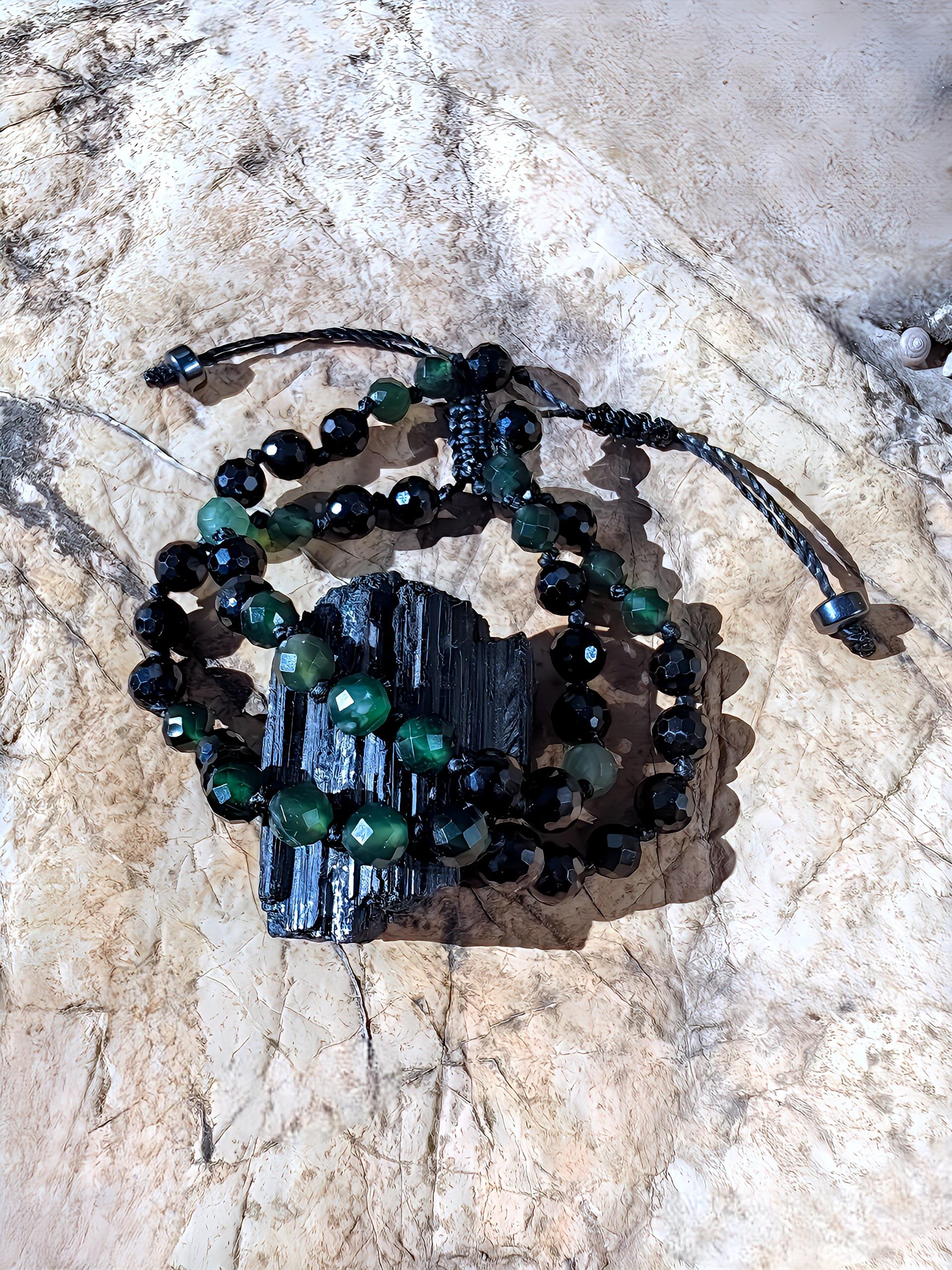 Men's Bracelet Nephrite Jade from Russia and Black Tourmaline, Harmony | Wisdom | Protection