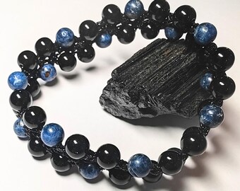 Protection Bracelet, Black Obsidian & Blue Spinel, elastic, Men, Balance | Communication | Inner Peace | Anchoring