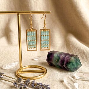 Rechthoekige apatiet oorbellen, chique, minimalistische, energieke sieraden in art deco-stijl.