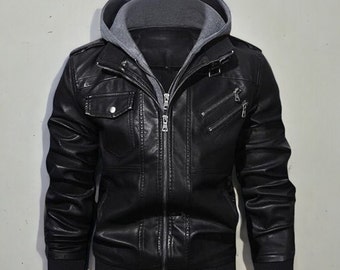 Men Hooded Biker Leather Jacket, Zip-Up Motorcycle Bomber Jacket With a Removable Hood, Gift For Him