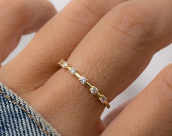 Ultra Thin Diamond Eternity Band | Dainty Promise Ring | Floating Gold Silver Wedding Stacking Ring | Anniversary Gift | Valentine’s Day