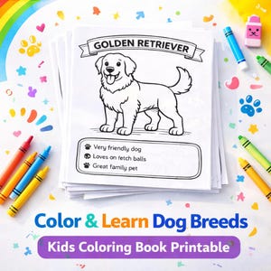 Könnte beinhalten: Ein Stapel Malvorlagen mit einer Golden Retriever-Illustration, mit dem Text "GOLDEN RETRIEVER". Die Seiten sind von bunten Buntstiften und einem Regenbogen umgeben. Der Text "Color & Learn Dog Breeds" und "Kids Coloring Book Printable" sind ebenfalls sichtbar.
