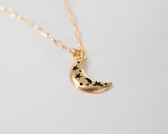 Crescent Moon Necklace: Gold Plated Paperclip Chain, Celestial Jewelry