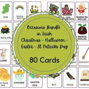 May include: A set of 80 flashcards with illustrations and Irish words for various holidays, including Christmas, Halloween, Easter, and St. Patrick's Day. The cards are designed for learning Irish vocabulary.