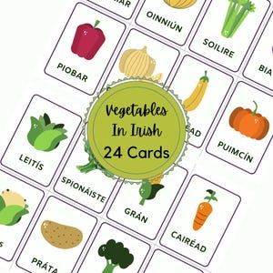 May include: A set of 24 flashcards featuring colorful illustrations of vegetables with their Irish names. The cards are designed for learning Irish vocabulary.