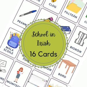 Aprenda vocabulário da escola irlandesa com Flashcards - 16 cartões imprimíveis para crianças - Ferramenta de aprendizagem de idiomas divertida e educacional - Download instantâneo