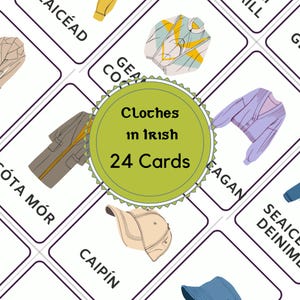 May include: A set of flashcards with illustrations of clothing items. The cards are white with a purple border and feature drawings of a coat, cap, and sweater. The center of the image has a green circle with the text "Clothes in Irish 24 Cards."