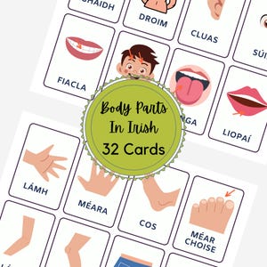 May include: A set of 32 flashcards featuring illustrations of body parts and their names in Irish. The cards are white with black borders and feature colorful illustrations. The cards are labeled with the Irish words for "Body Parts" and "In Irish".