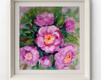 Pink Peonies Painting: Original Floral Oil Art, 8x8 in