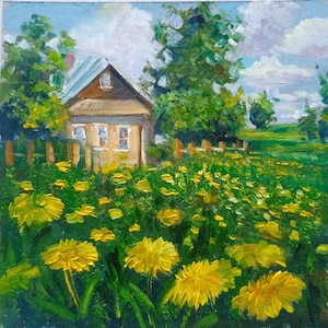 Pequena pintura paisagem rústica arte countryhome primavera-verão no campo flor da primavera arte paisagem verde dentes-de-leão pintura de grama
