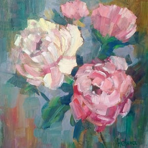 Pintura al óleo original, flores abstractas, pintura de peonías, expresión abstracta, blanco, rosa, retrato, peonías, obra de arte interior, arte contemporáneo