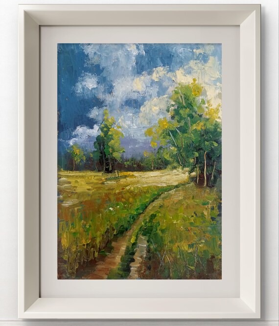 オリジナル油絵:夏の風景、素朴なフィールドアート(5 x 7 オリジナル油絵:夏の風景、素朴なフィールドアート(5 x 7