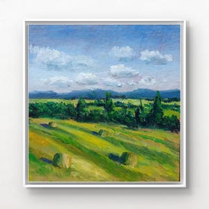 Pintura original Pintura a óleo Paisagem panorâmica rústica Colheita de verão brilhante Pintura da natureza Pequeno presente Arte Arte de paisagem verde